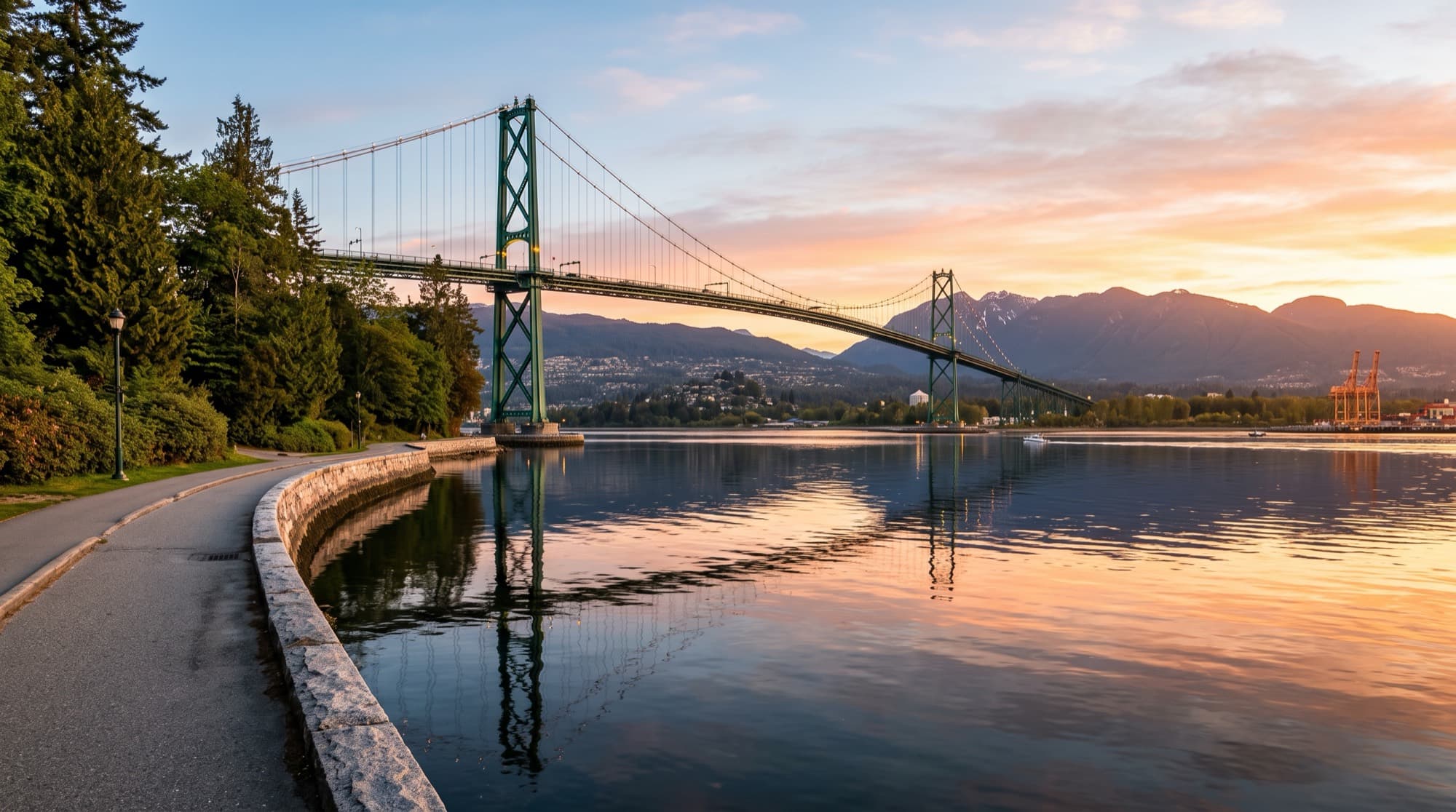 Lions Gate Bridge at sunrise, seen from the Stanley Park seawall