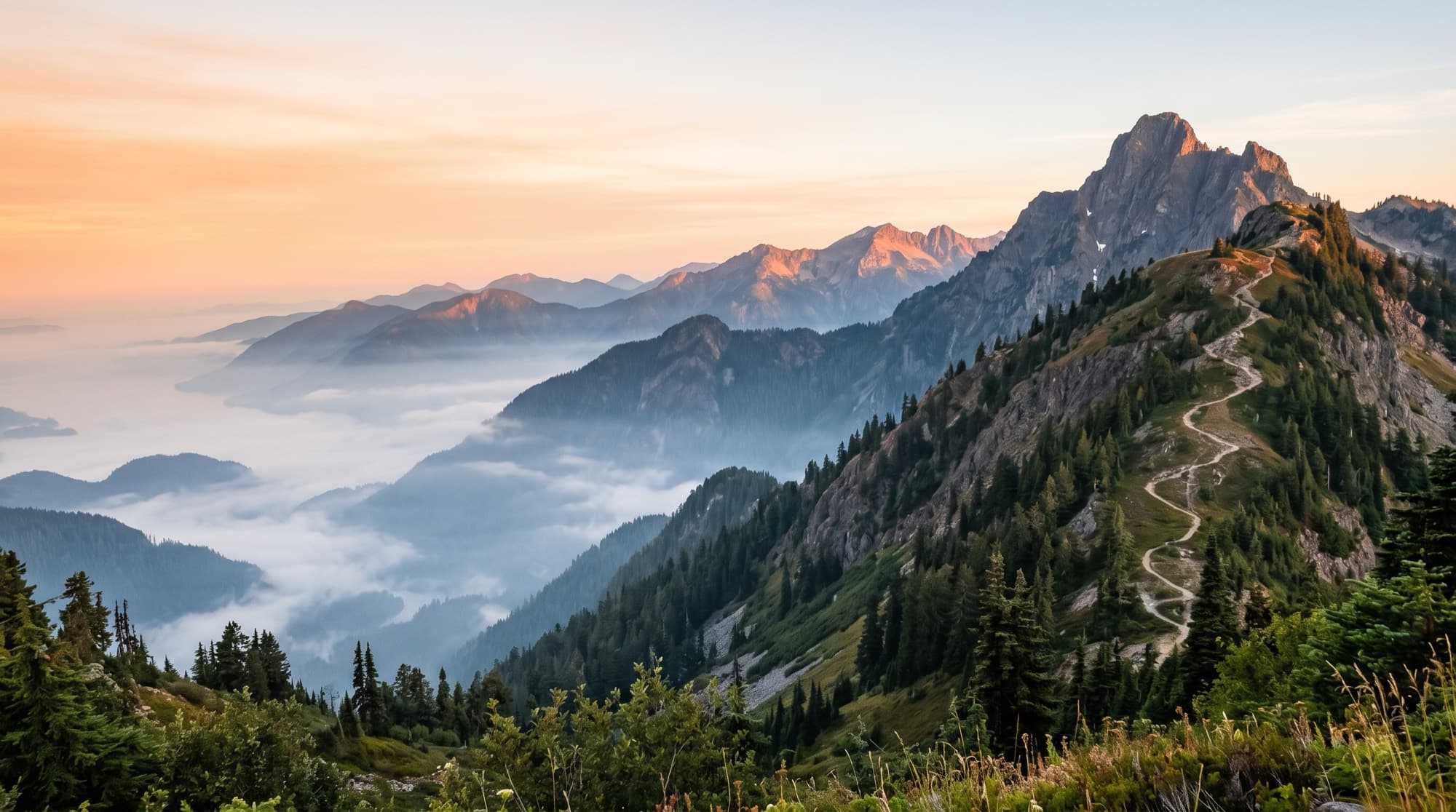Mountain trail climbing to a summit at sunrise